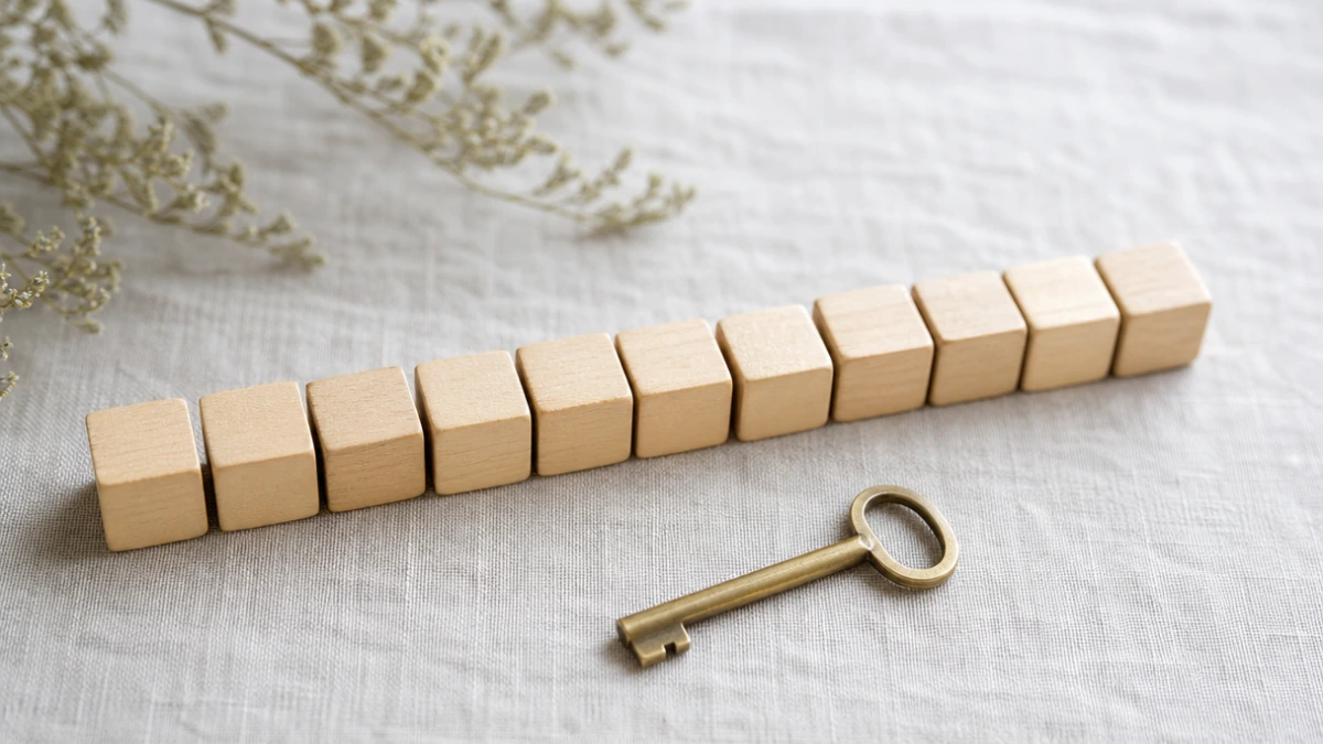 A row of wooden blocks beside a brass key, twelve months of GoHighLevel cost and ownership