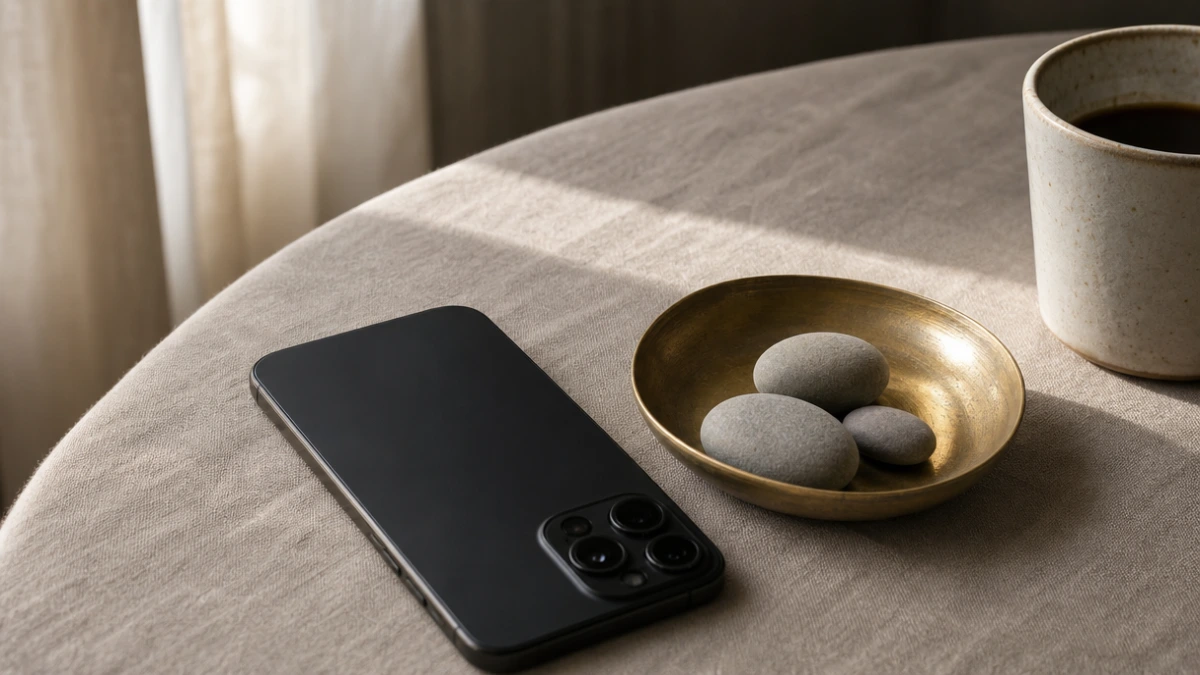 Phone face down beside a dish of smooth pebbles, the metered usage on top of the GoHighLevel cost