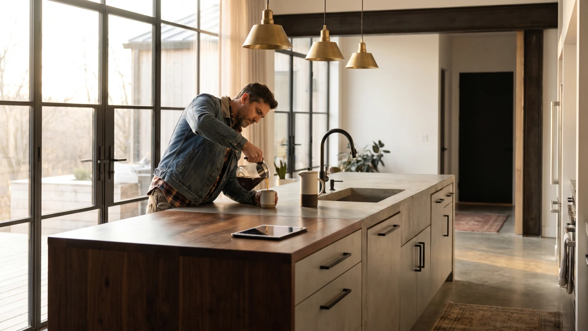 Contractor pouring coffee at a kitchen island, what GoHighLevel for contractors costs to own