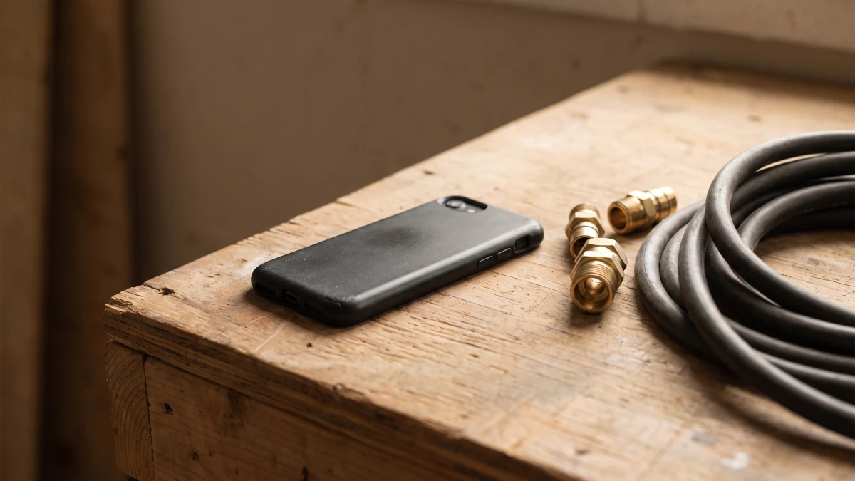 Plumber's phone face down on a workbench beside brass fittings, what is inside a GoHighLevel for contractors account