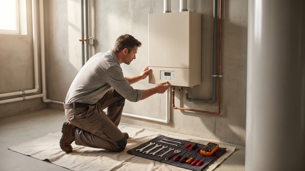 Technician inspecting an unbranded tankless water heater, the migration order for GoHighLevel for contractors