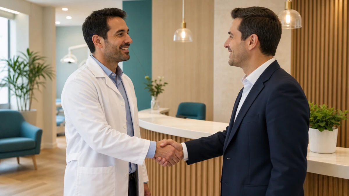 Dentist in a white coat shaking hands with a consultant in a bright reception area, when to keep your GoHighLevel for dentists agency