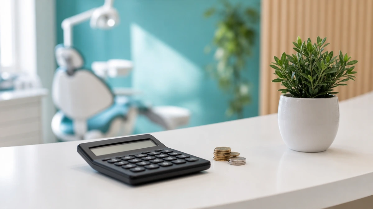 Calculator and a stack of coins on a dental reception counter, what GoHighLevel for dentists costs to own