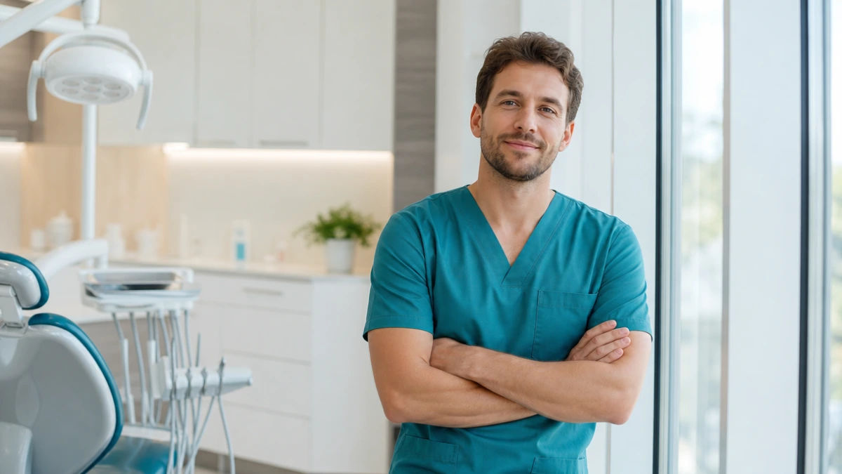 Dentist in teal scrubs at a tall bright clinic window with arms folded, GoHighLevel for dentists questions answered