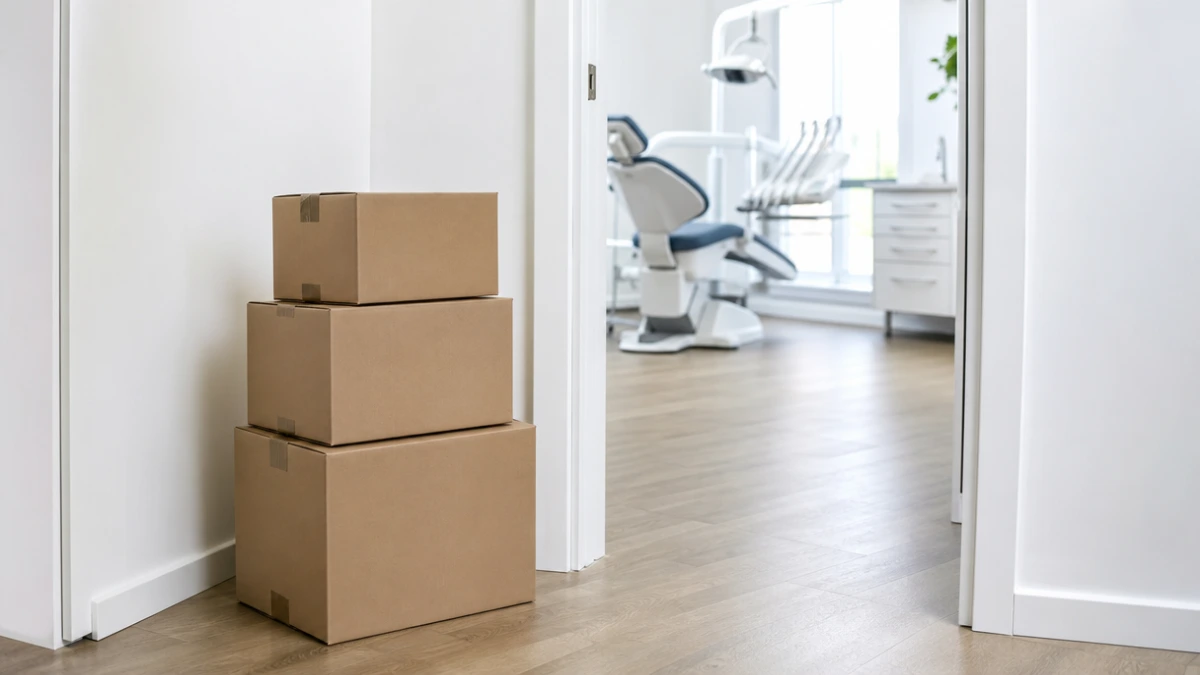 Three moving boxes of different sizes in a bright clinic hallway, the three ways to move a GoHighLevel for dentists account