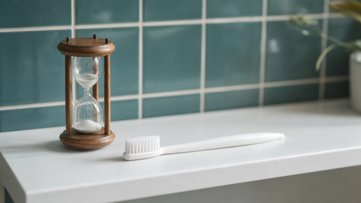 Wooden hourglass beside a toothbrush on a white shelf, the migration order for GoHighLevel for dentists