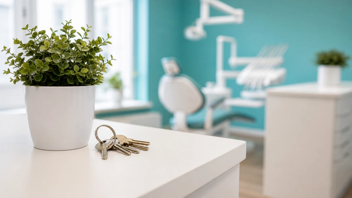 Ring of keys on a white reception counter beside a potted plant, moving GoHighLevel for dentists into your own account