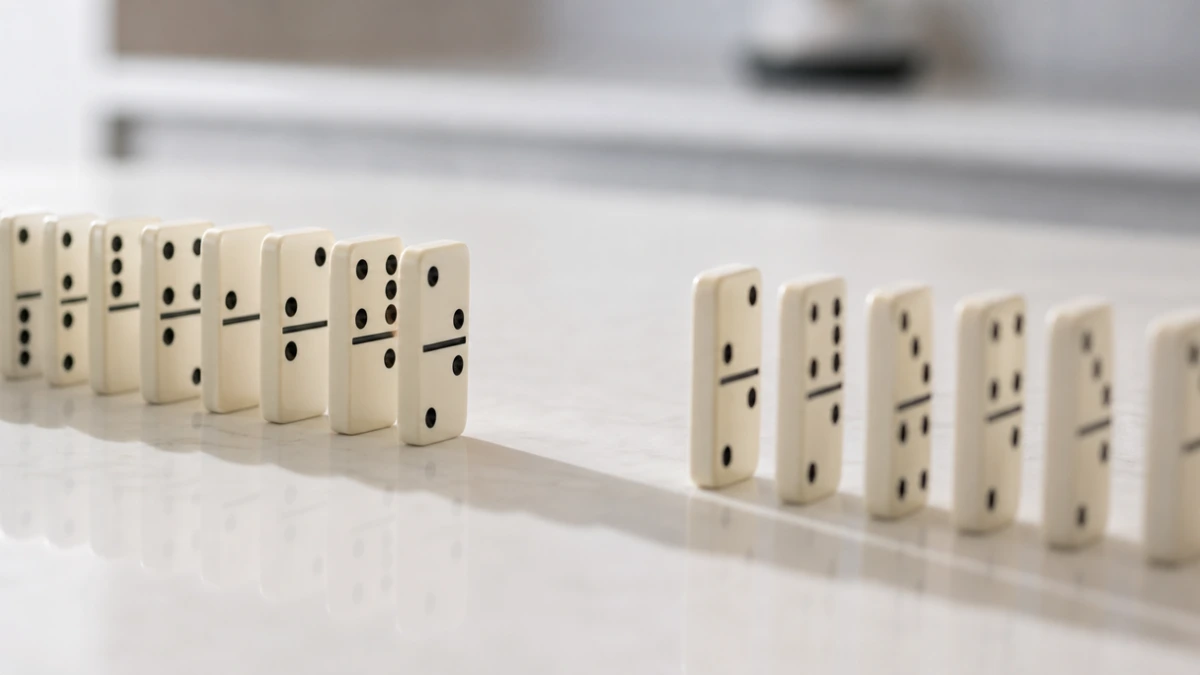 Row of standing dominoes with one missing from the middle, the recall trap in GoHighLevel for dentists