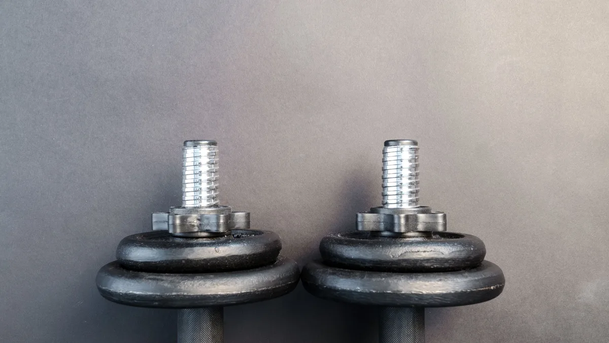 Two matching iron dumbbells side by side, representing a side by side look at GoHighLevel for gyms