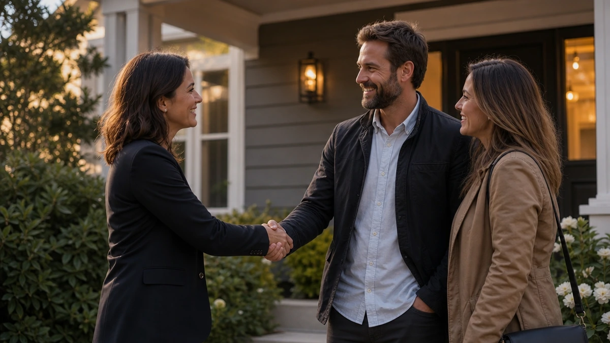 Agent and client shaking hands on a porch, when keeping your agency is right for GoHighLevel for real estate agents