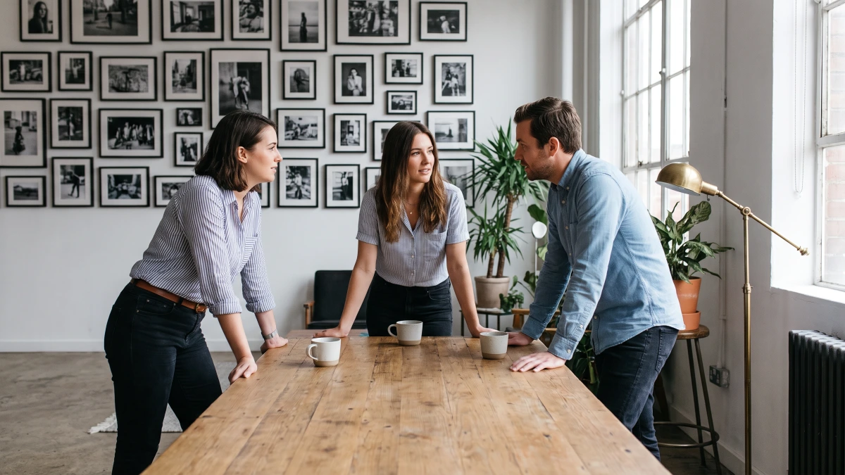 Three-person marketing team at a bare wooden table, when an agency fee is fair value beyond GoHighLevel pricing
