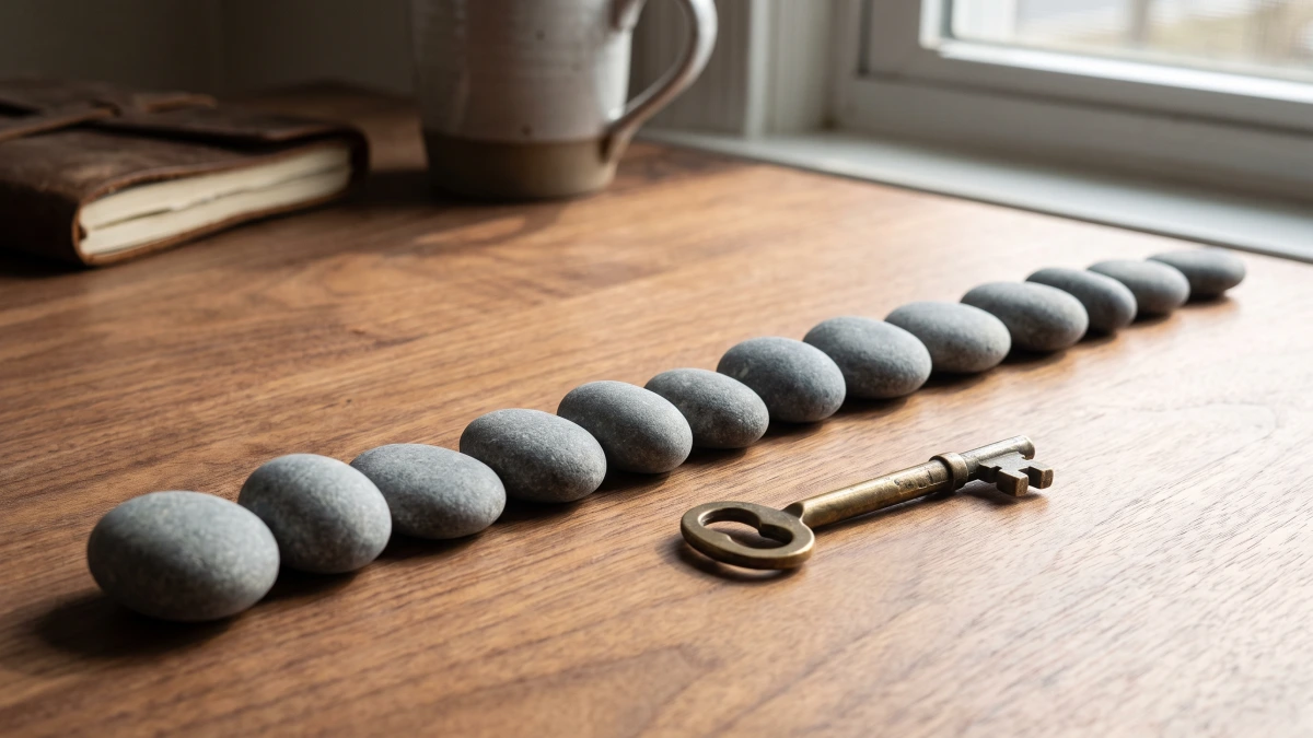 A row of smooth grey stones beside a brass key, twelve months of GoHighLevel pricing and ownership