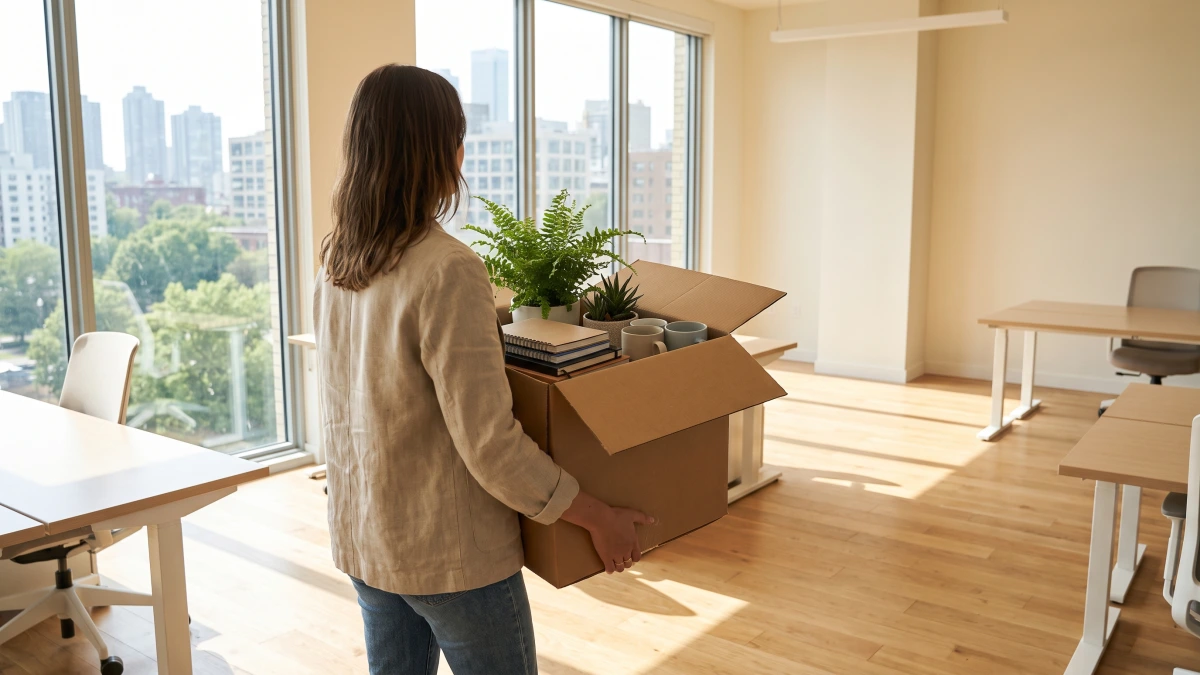 Business owner carrying a box into a new office, moving to her own GoHighLevel account