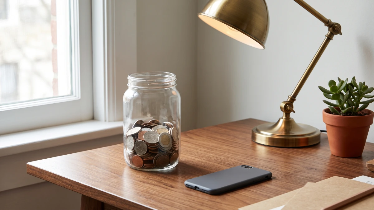 Plain glass jar of coins beside a face-down phone, the usage fees on top of GoHighLevel pricing