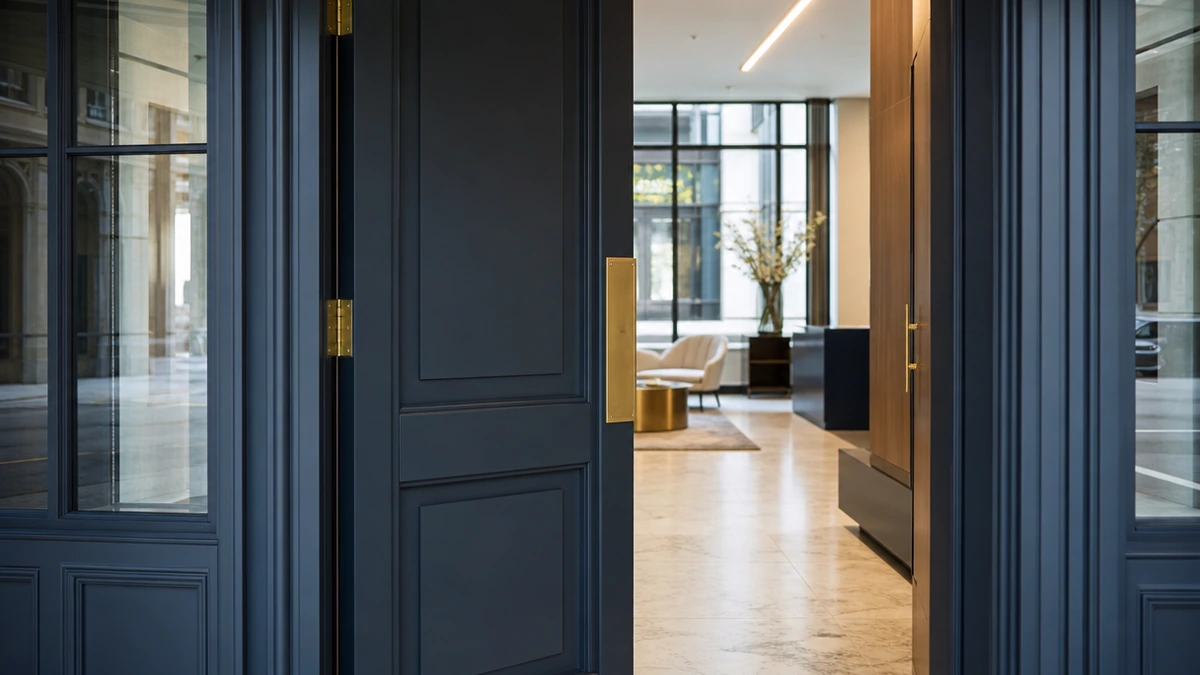 Branded office front door standing ajar, the GoHighLevel white label login on the agency's own domain