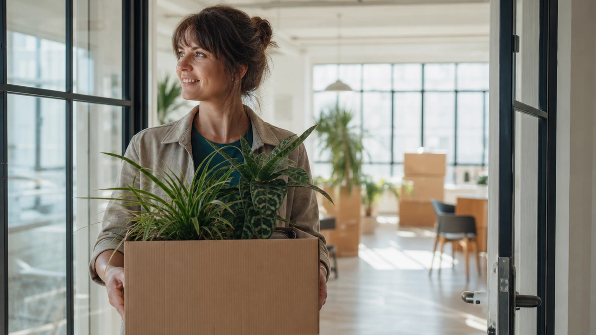 Woman carrying office plants into a bright new workspace, moving from a GoHighLevel white label sub-account to her own account
