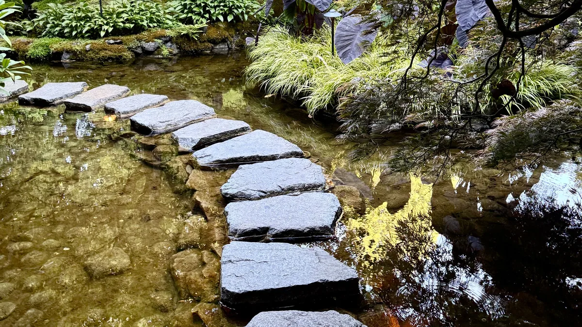 Stepping stones crossing a calm garden pond, representing the order of steps in a sub-account transfer