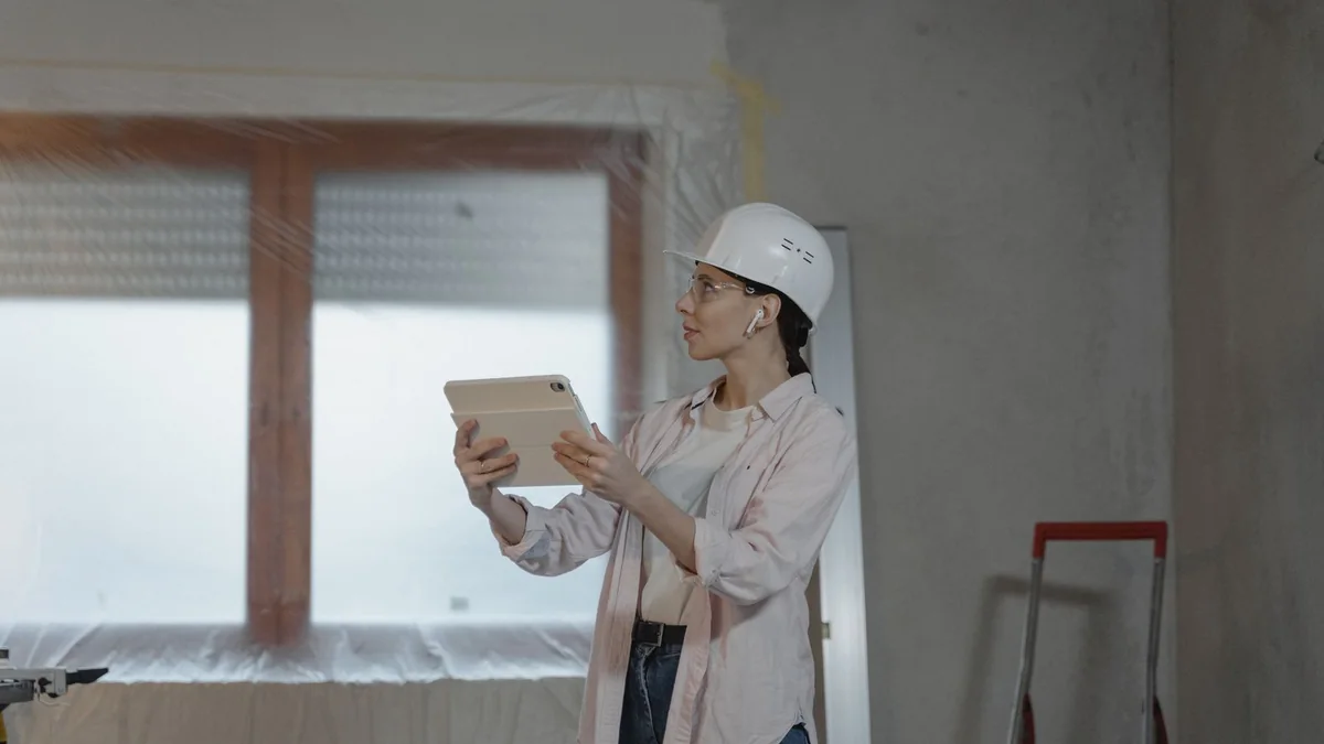 A renovation contractor checks a tablet on site, from our GoHighLevel pipeline guide