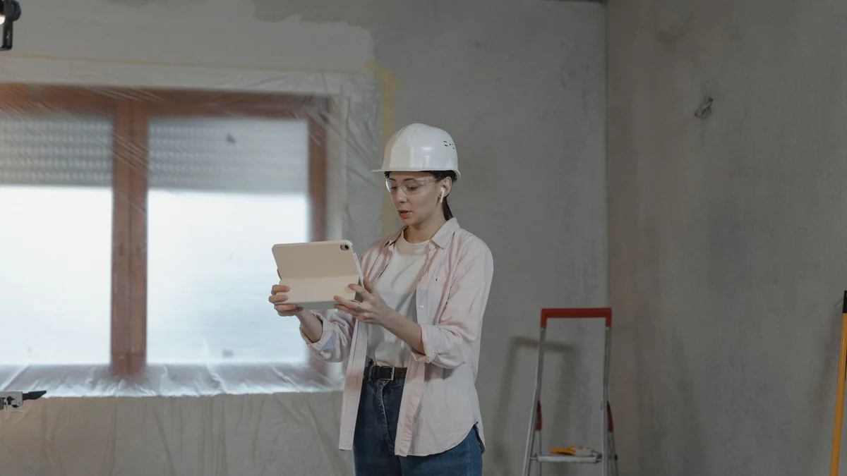 A contractor checks a tablet in a room under renovation, from our import contacts guide