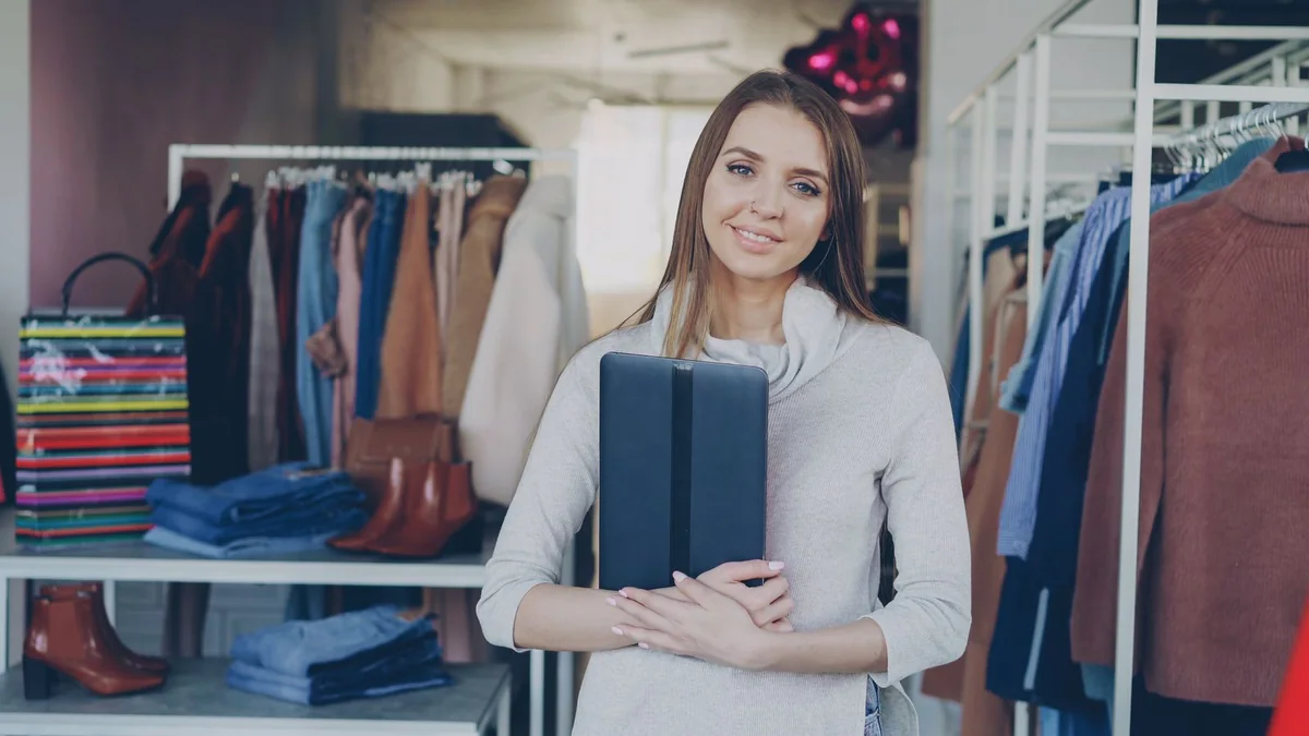 A boutique owner holds a tablet in her shop, from our reputation management guide